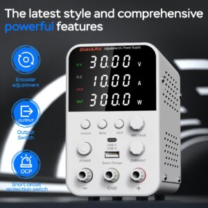 DC Power Supply Variable, 30V 10A Bench Power Supply with Encoder Knob, 4-Digits Display, Adjustable Regulated lab Power Supply with 5V 3.6A USB & Type-C Quick-Charge, Output Switch (30V 10A)