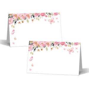 butterfly table place cards - 25pcs tent cards - blush pink floral butterfly themed food lables - name place cards for table setting - name cards for birthday party baby shower - scored for easy