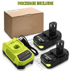 2-Pack 3.0Ah Replacement for Ryobi 18V Battery and Charger Compatible with Ryobi 18V Lithium Battery P102 P103 P104 P105 P107 P109 P108 P190 P122