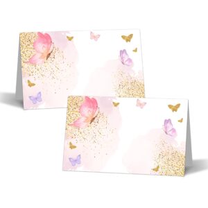 butterfly table place cards - 25pcs tent cards - gold foil butterfly themed food lables - name place cards for table setting - name cards for birthday party baby shower - scored for easy folding -04