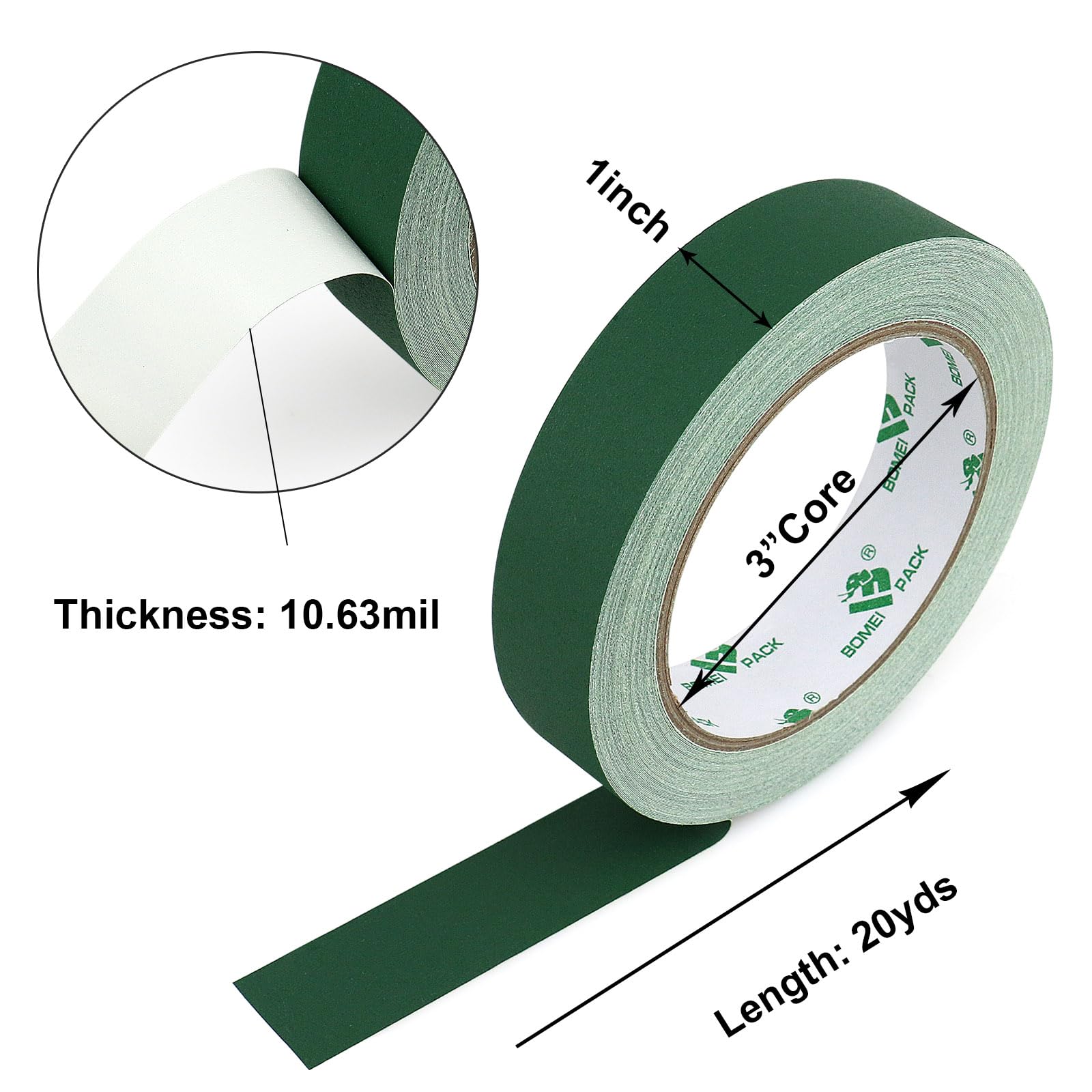 BOMEI PACK Dark Green Gaffer Tape, Matte Non-Reflective, 1inch x 20yds No Residue Hand Tear Self-Adhesive Tape for Labeling, Cable, Stage, Photo Studio, Painters and Duct Repair, 1 Pack