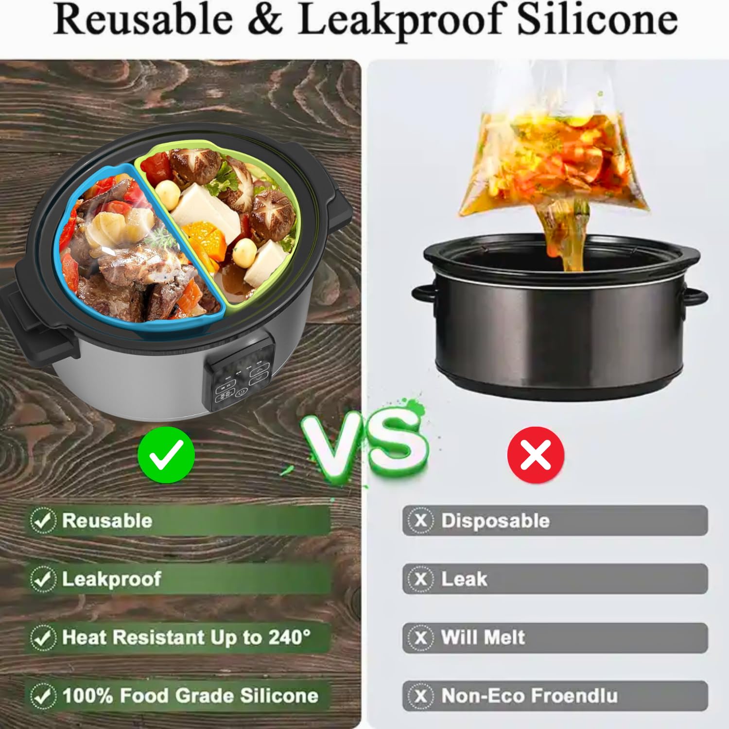 Silicone Slow Cooker Liners Compatible With 6-8QT Crock, Silicone Slow Cooker Divider Allows Cooking Two Different Meals At Once Time, Reusable Silicone Divider Insert, Dishwasher Safe, BPA Free.