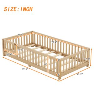 CITYLIGHT Twin Size Floor Bed with Rails, Wood Montessori Floor Bed Twin with Support Slats, Kids Twin Bed Frame with Door Design for Boys,Girls, Natural