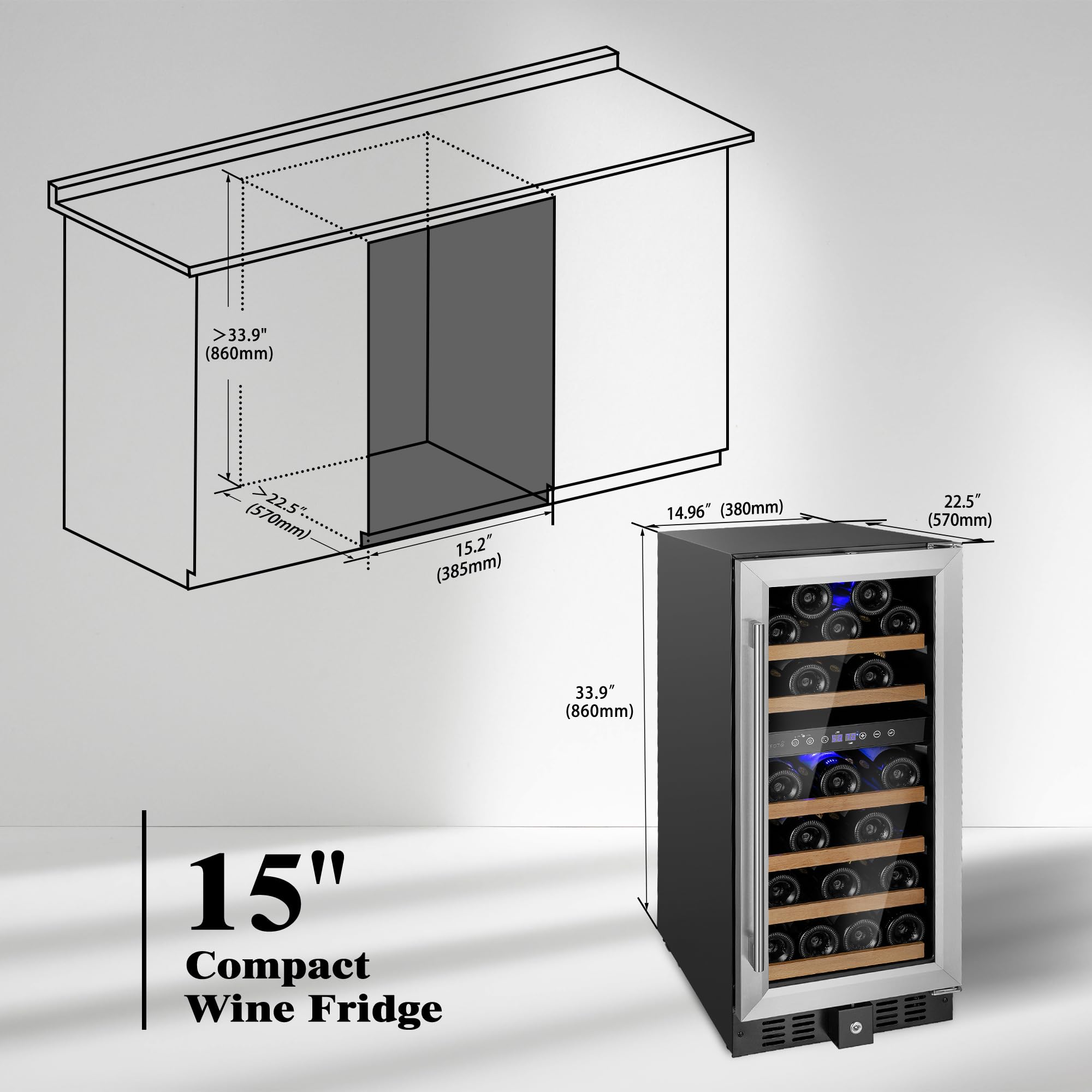 TRIFECTÉ 15” Wine Fridge, Dual Zone Wine Cooler Refrigerator Freestanding, 31 Bottles Wine Cooler Under Counter with Stainless Steel Door, Quiet Wine Cellar For Home Office and Kitchen