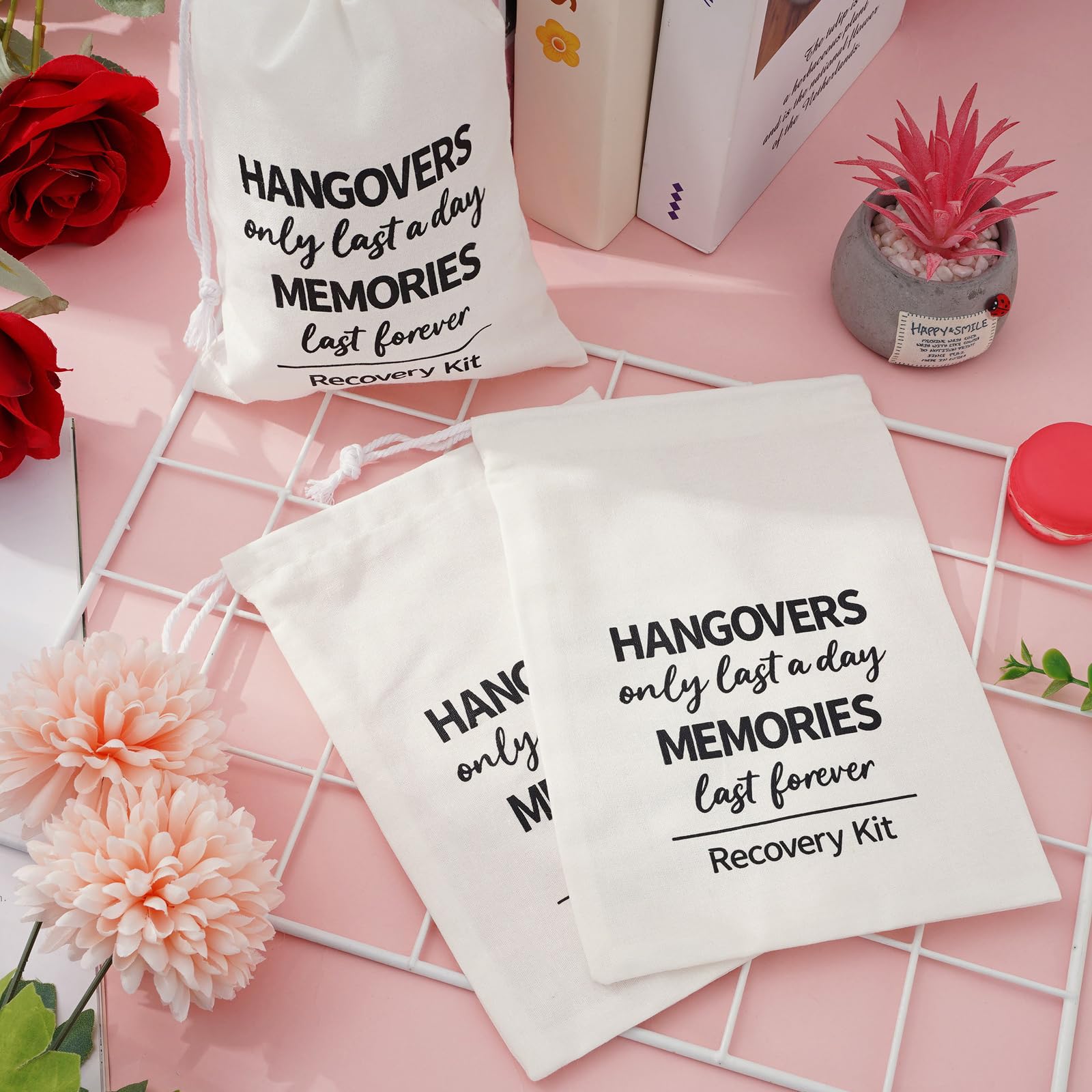 AnyDesign 10Pcs Wedding Hangover Kit Bags Classic Recovery Kit Bags Reusable Cotton Drawstring Muslin Amenity Bags Survival for Wedding Bridal Welcome Party Favor Memento Gift, 6 x 8 Inch