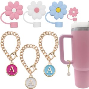 tovly 6pcs straw cover cap stanley cup accessories initial personalized letter charms reusable 10mm flower silicone straw tips lids protectors stanley 30&40 oz tumblers (3pcs letter a+3pcs flower)