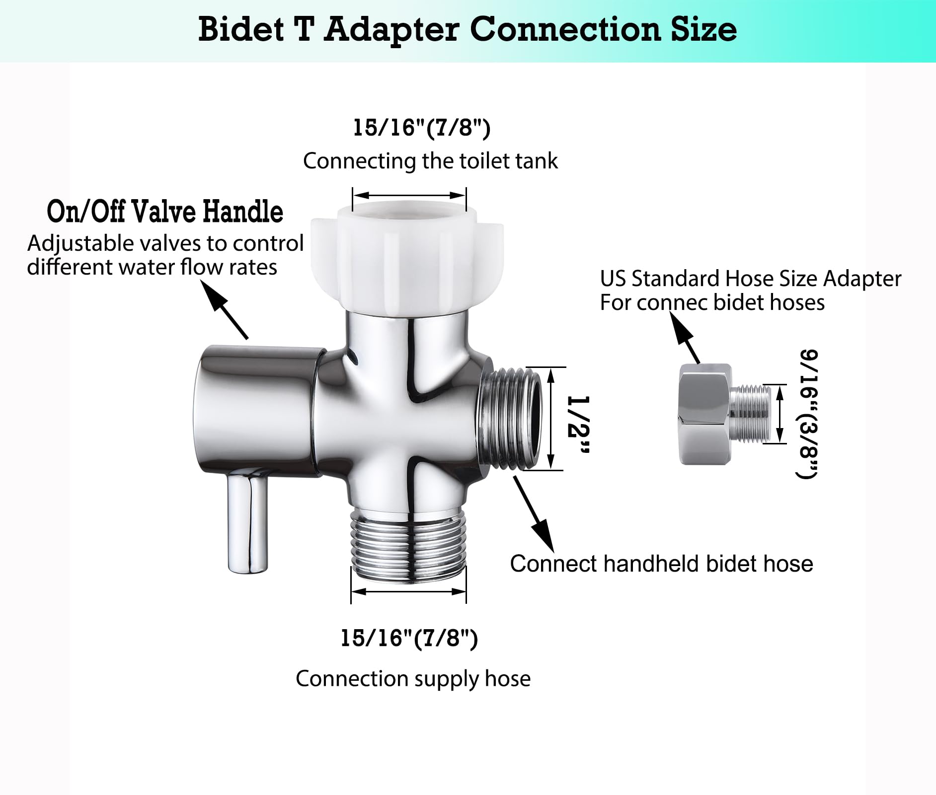 Walkinginrain Bidet T Adapter With Shut off Valve,3 Way T Valve for Bidet, Brass T Adapter for Handheld Toilet, 7/8"×7/8"×1/2" or 3/8"