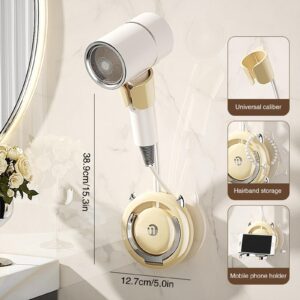 Hair Dryer Holder, Adjustable Hair Dryer Holder Wall Mounted Hands Free 360 Degree Rotation, Multi-Functional Hair Dryer Stand Self Adhesive Blow Dryer Holder Organizer (White Gold)