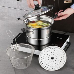 Stainless Steel Pot with Deep Fry Basket, Steamer Pot, Multipurpose Pasta Pot with Steamer Rack, Strainer Glass Lid, 3.5Quart Sauce Pan with Stay-cool Handle for Cooking Gravies, Vegetable Steamer