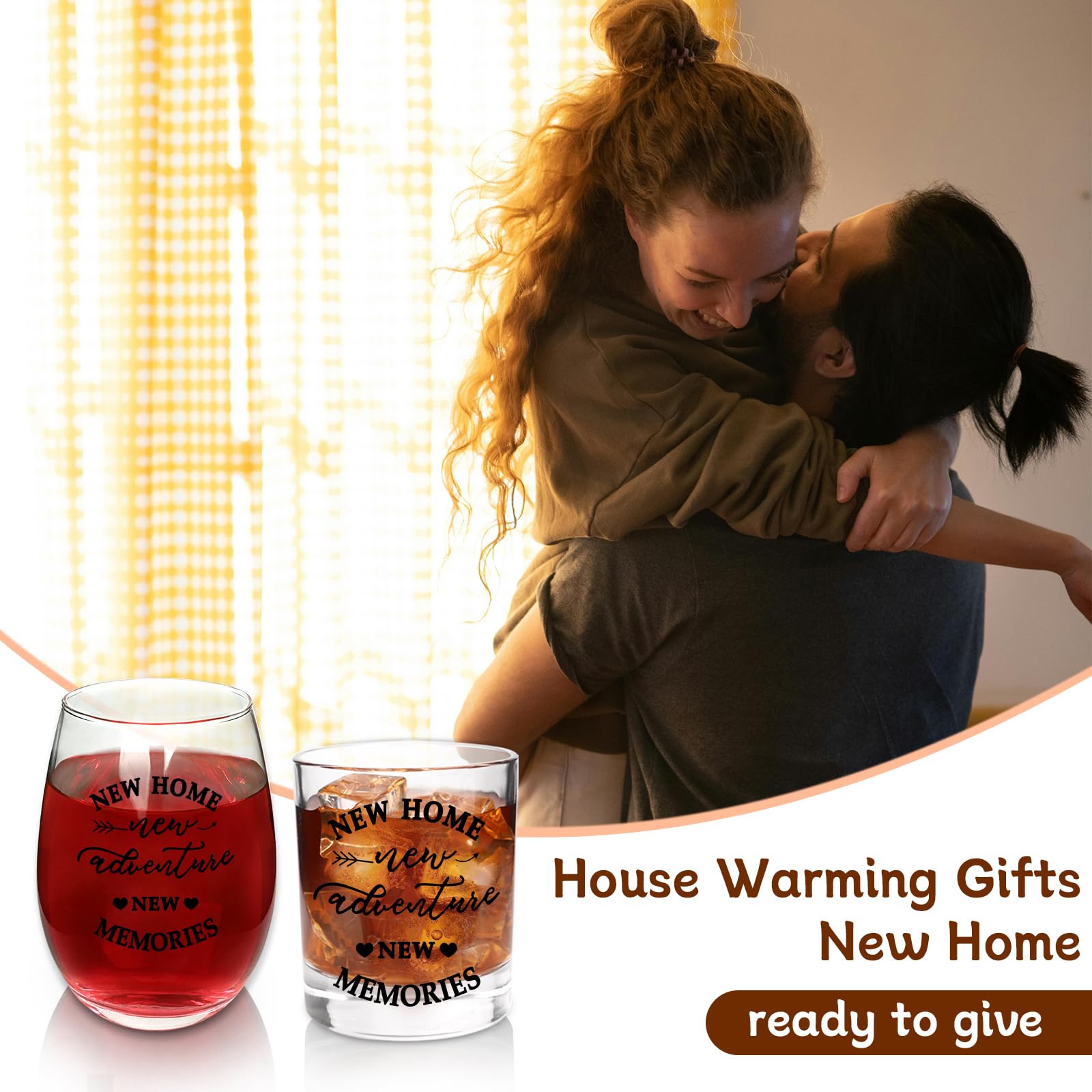 ONEHAUS New Home New Adventures Wine and Whiskey Glass Gift Set - Unique Housewarming Gift for New Homeowners - New Home Gift Ideas for Women and Men