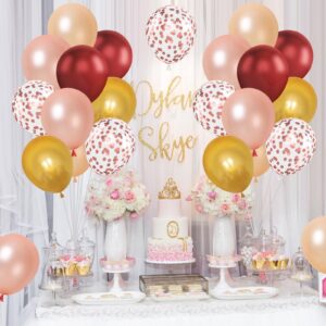 Burgundy Balloons, 12 Inch 50Pcs Burgundy Red Latex Balloon Rose Gold Champagne Gold Confetti Rose Gold Helium Balloons for Girls Women Bridal Birthday Baby Shower Party Decorations