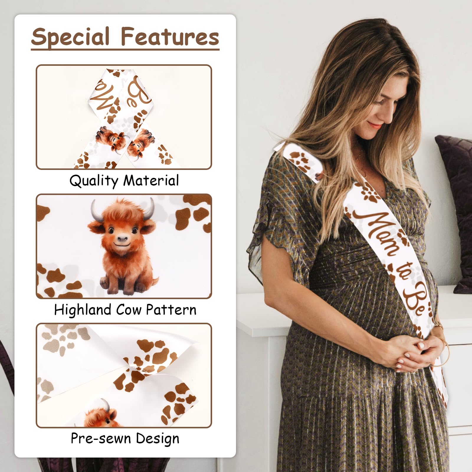 Serencatcher Highland Cow Mom to Be Sash, Highland Cow Baby Shower Favors Include Brown Mom Dad to Be Pin Sash Flower Crown Headband for Western Cowgirl Cowboy Gender Reveals Party Pregnancy Props