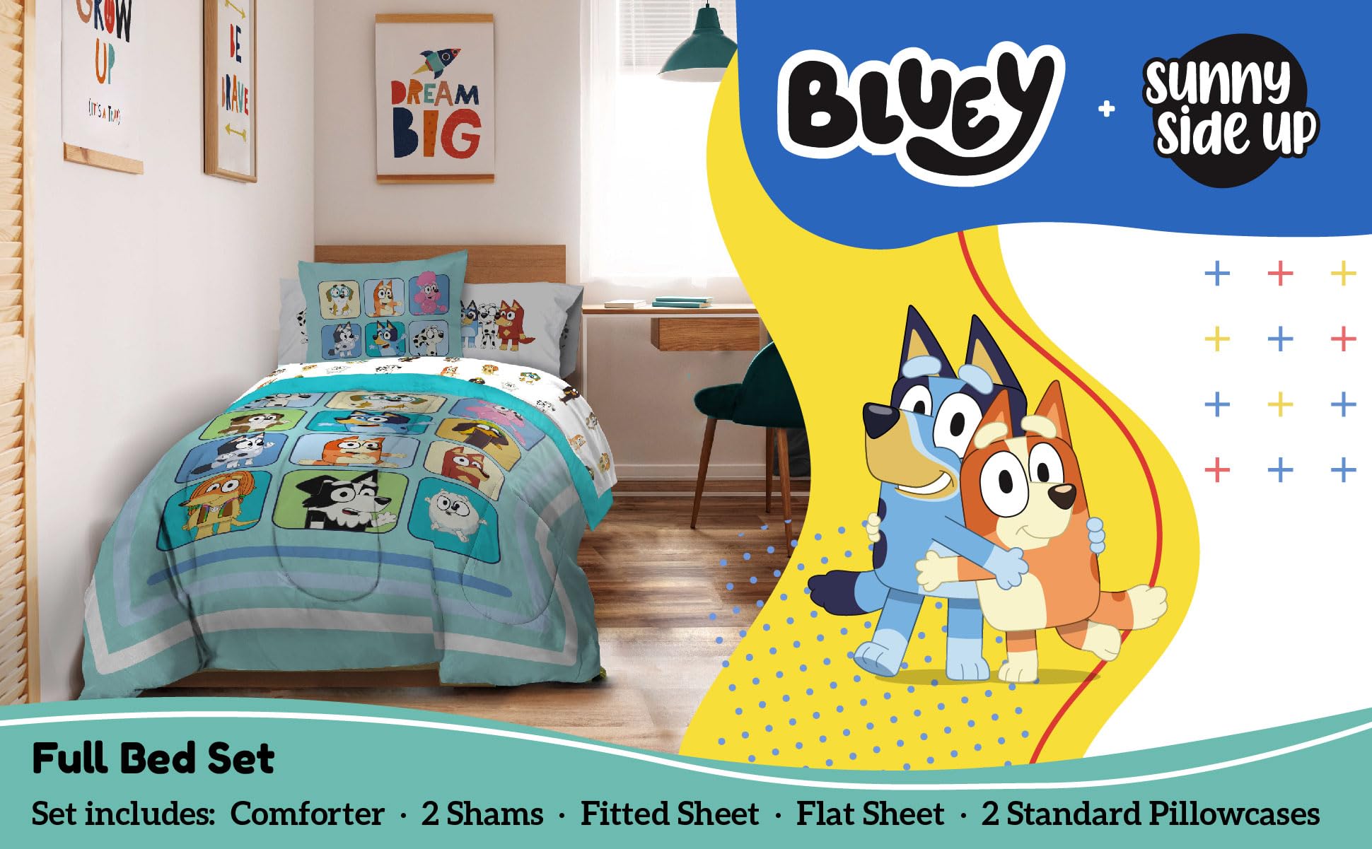 Sunny Side Up Bluey & Friends Full Comforter Set - 7 Piece Kids Bedding Includes Comforter, Sheets & Pillow Cover - Super Soft Microfiber Bed Set