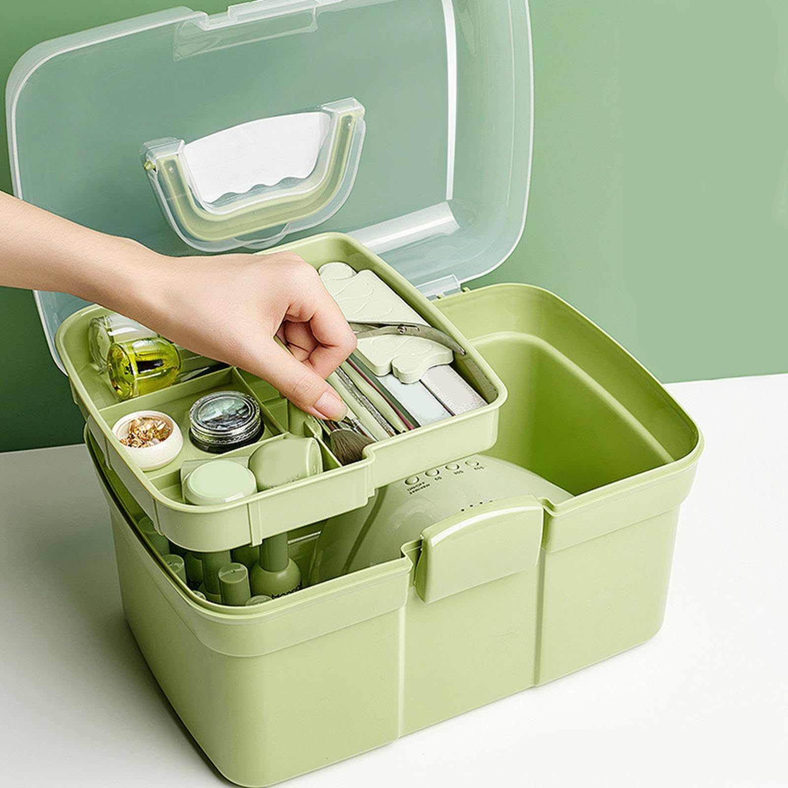 Fenteer Green 2-Layer Storage Box, Portable Handled Art Supply Organizer for Sewing Nail Kits PP Material, Multipurpose Storage Bin for Cosmetic Makeup, 11.18x7.87x7.68 inches