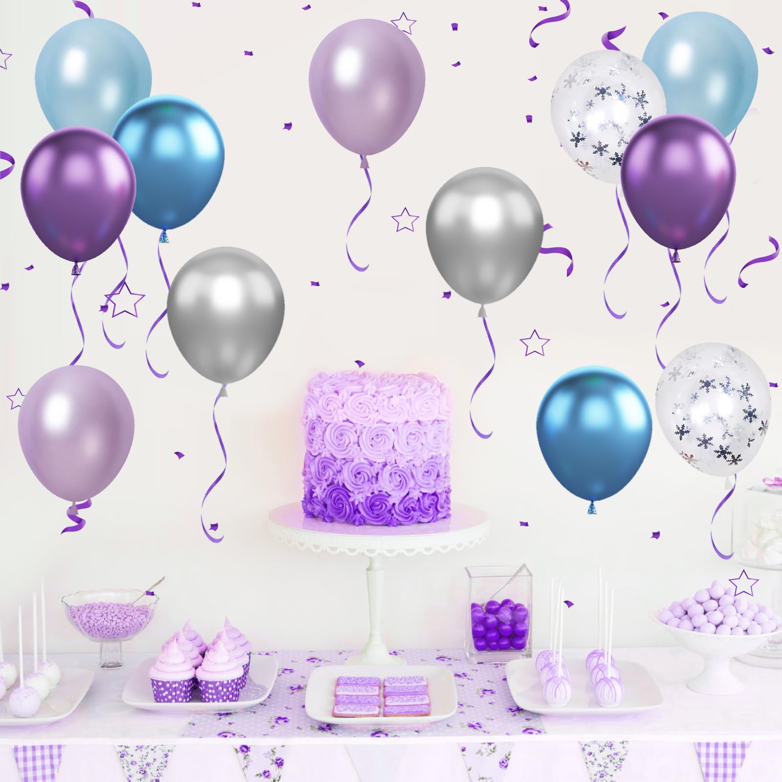 Frozen Balloons, 12 Inch Purple Blue White and Silver Balloons with Snowflake Balloons for Girls Frozen Theme Party Supplies Ice Snow Theme Birthday Baby Shower Winter Party Decorations