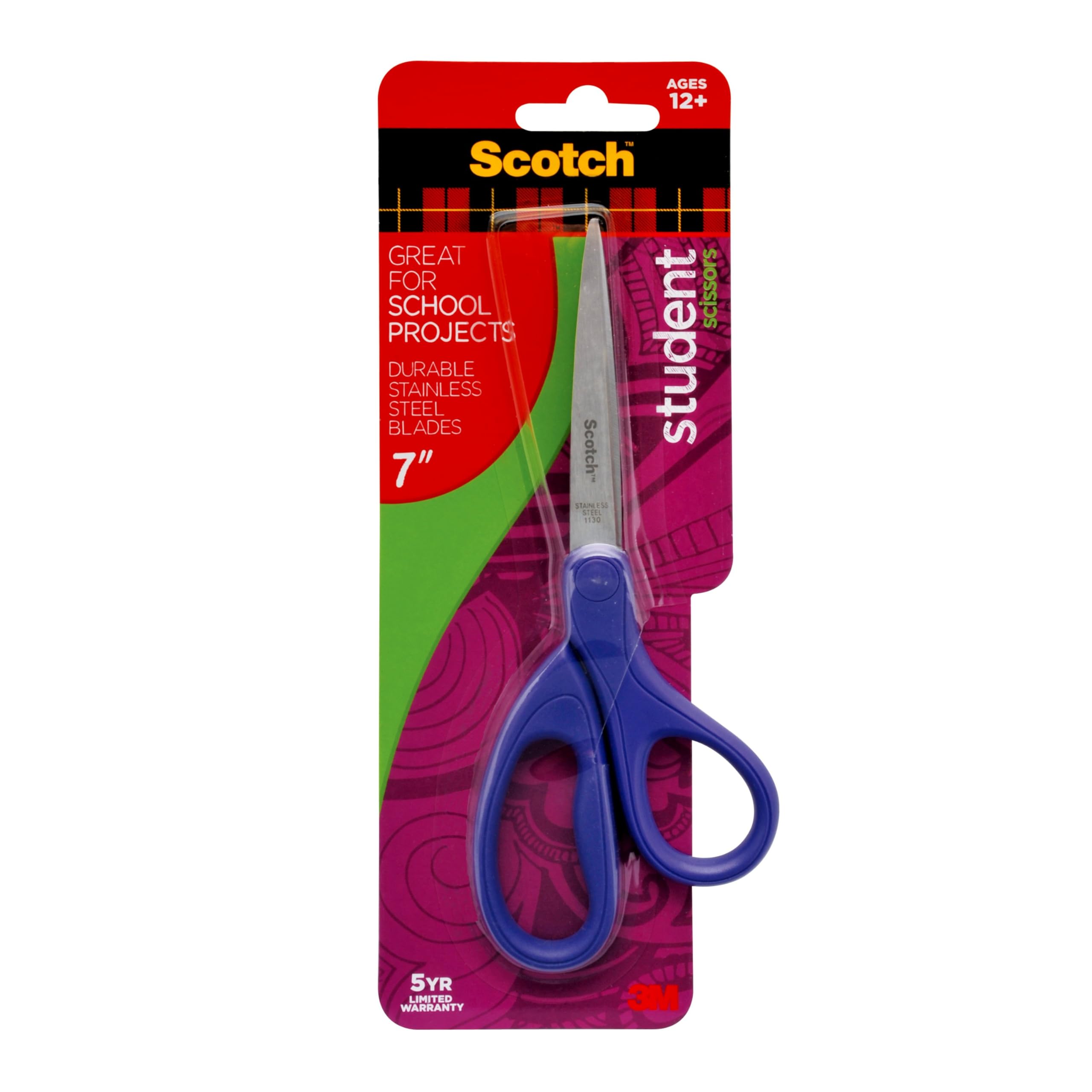 Scotch 7-Inch Student Scissors, Blue, Green, and Purple, Colors Vary, 6-Pack