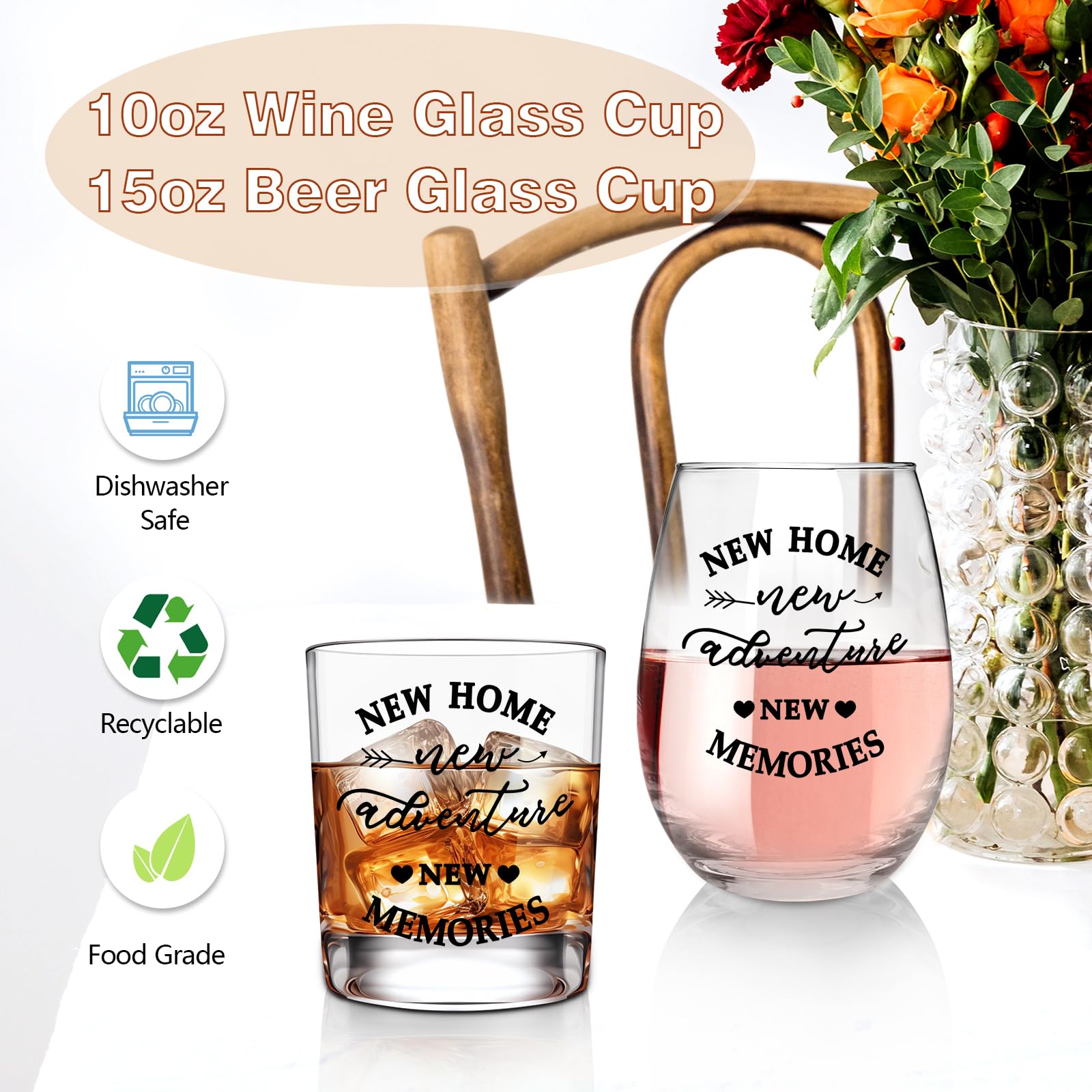 ONEHAUS New Home New Adventures Wine and Whiskey Glass Gift Set - Unique Housewarming Gift for New Homeowners - New Home Gift Ideas for Women and Men