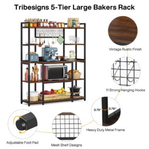 Tribesigns Large Bakers Rack, 55" Wide Kitchen Hutch Cabinet Microwave Stand with 11 Hooks, 5-Tier Baker’s Rack Kitchen Storage Shelf Rack with Hutch, Rustic Brown