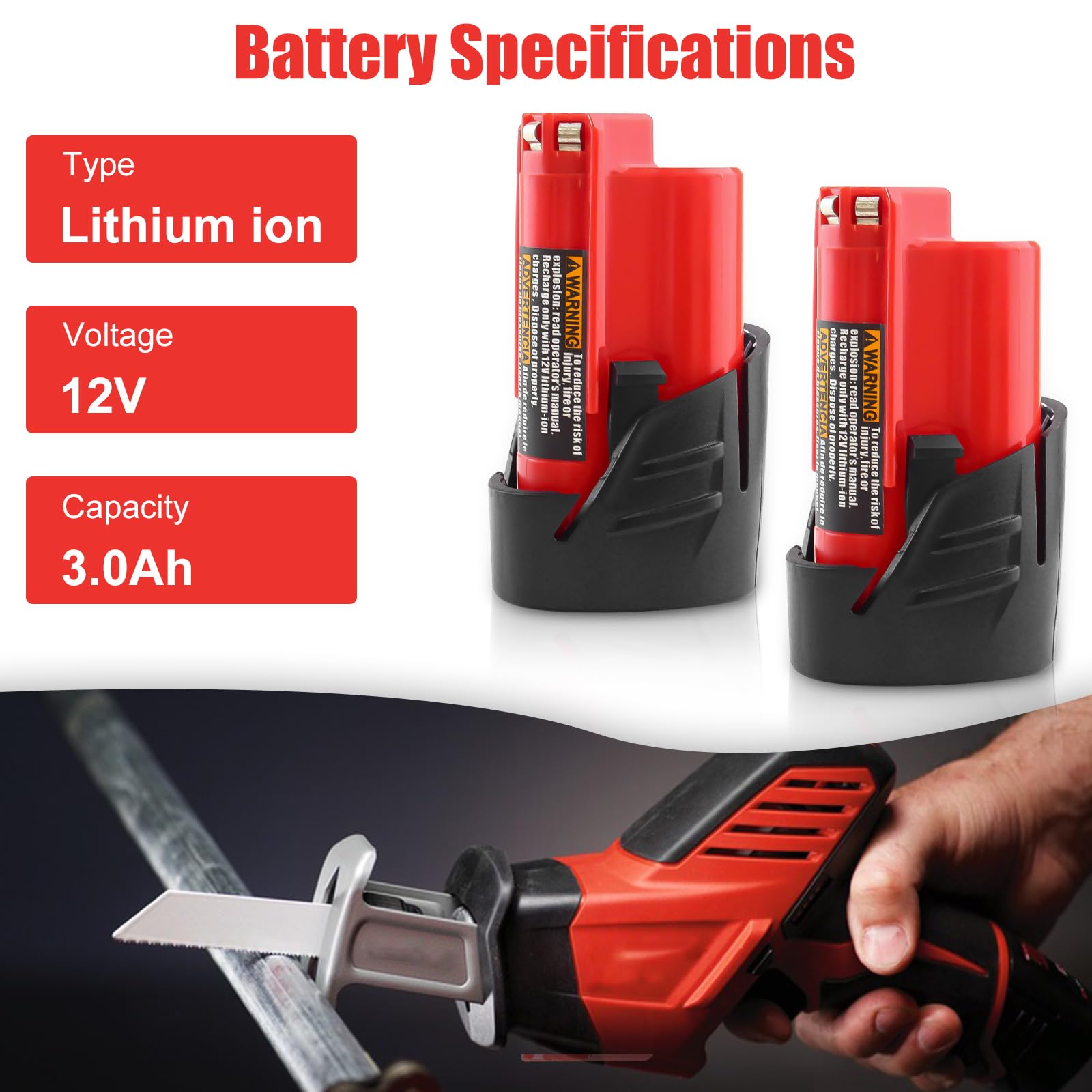 2 Pack 12V 3000mAh Lithium-ion Replacement Battery Compatible with Milwaukee 12 Volt Battery 48-11-2411 48-11-2420 48-11-2401 48-11-2402 48-11-2401 12-Volt Cordless Tools (Red)