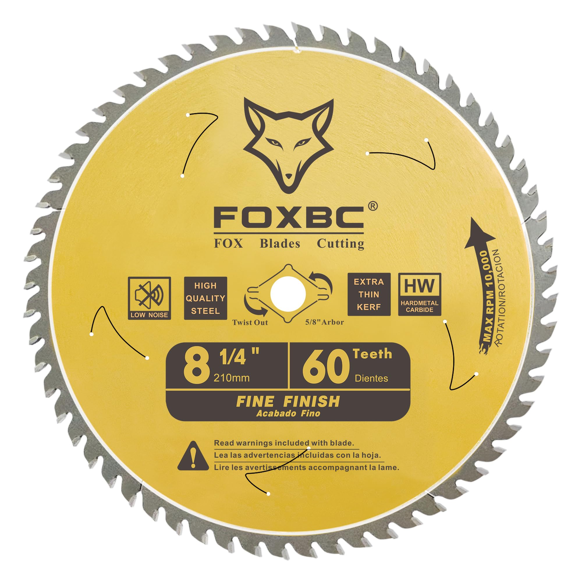 FOXBC 8-1/4 Inch Table Saw Blade 60 Tooth Fine Finish Wood Cutting with 5/8" Arbor, Diamond Knockout