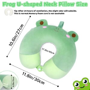 JEROKUMI Memory Foam Kids Travel Pillow, Cute Frog Kids Neck Pillow for Traveling, Cartoon Animal U Shaped Pillow for Kids Airplane Travel,Long Road,Neck Chin Support