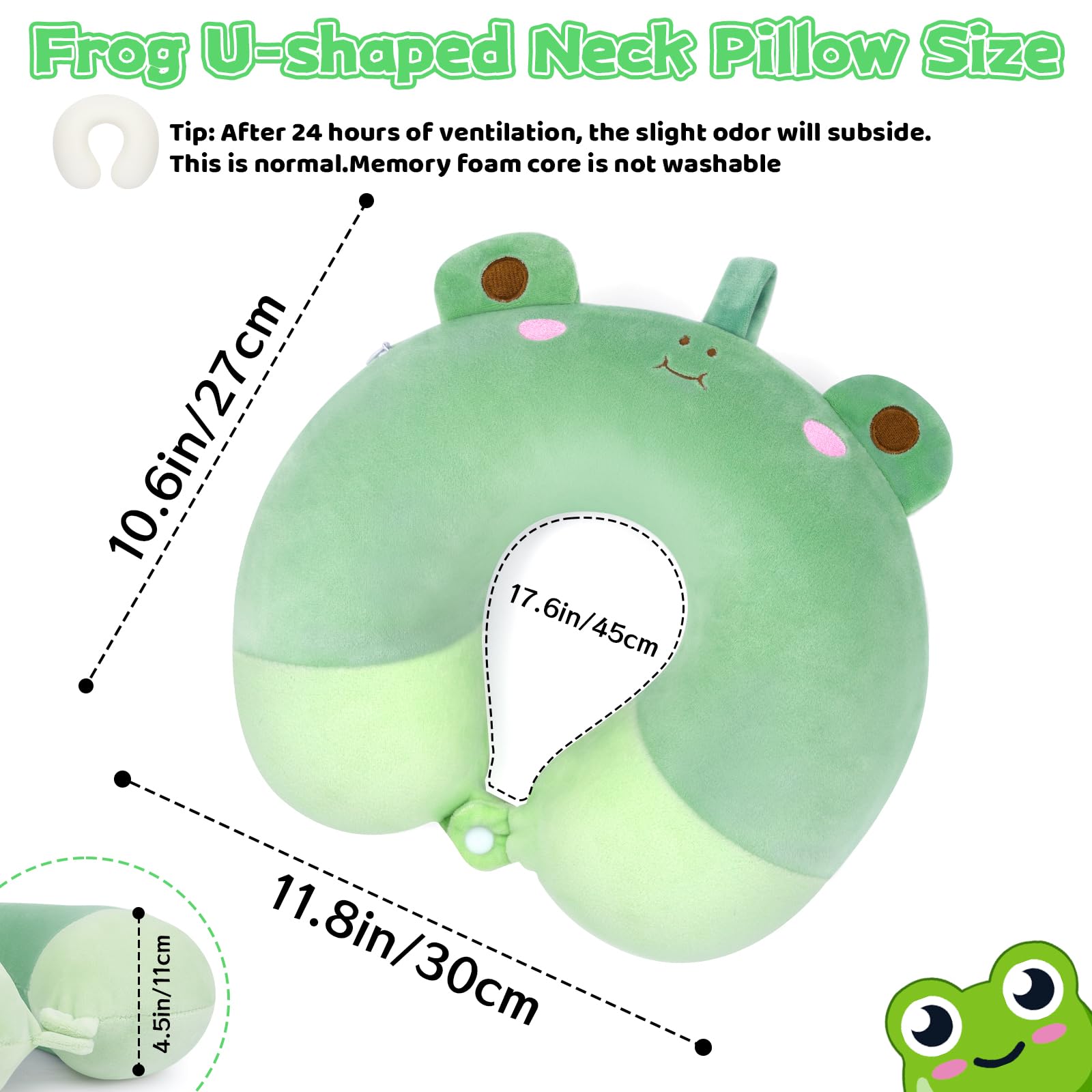 JEROKUMI Memory Foam Kids Travel Pillow, Cute Frog Kids Neck Pillow for Traveling, Cartoon Animal U Shaped Pillow for Kids Airplane Travel,Long Road,Neck Chin Support