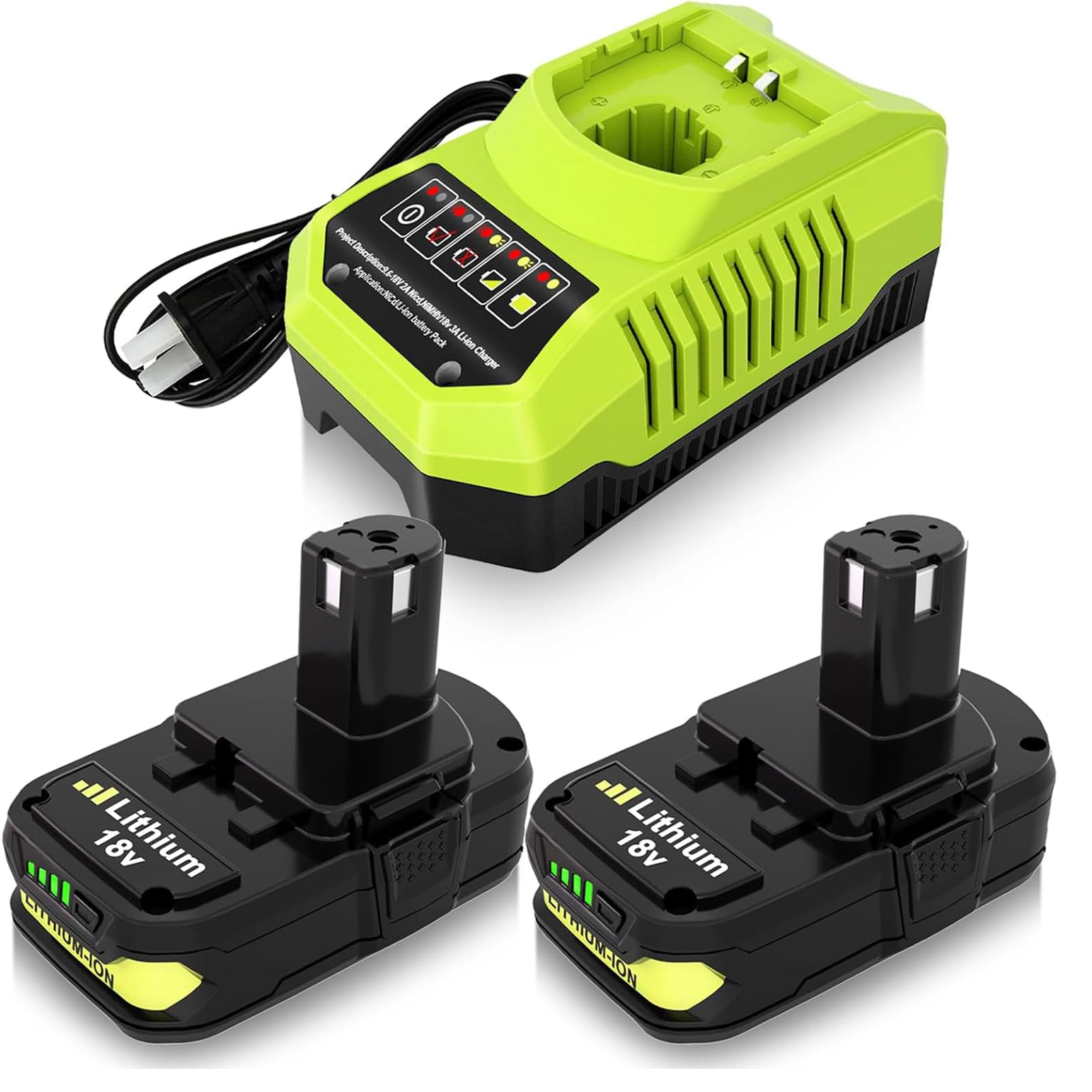 2-Pack 3.0Ah Replacement for Ryobi 18V Battery and Charger Compatible with Ryobi 18V Lithium Battery P102 P103 P104 P105 P107 P109 P108 P190 P122