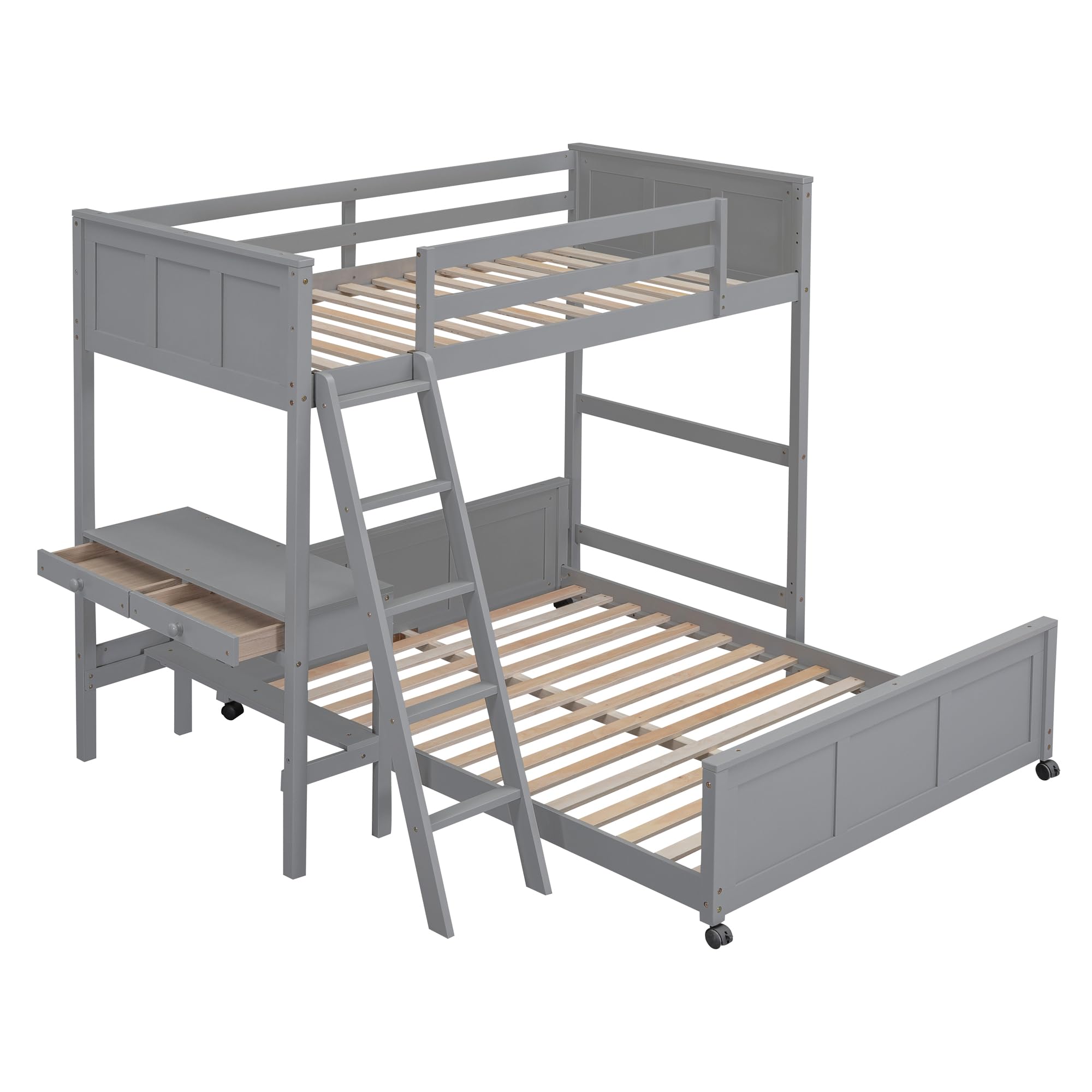 Twin Over Full Loft Bed with Desk and Storage Drawers, Wood Bunk Loft Bunk Bed for Kids, Can Be Separated into A Full Bed Frame and A Twin Size Loft Bed for Girls Boys Teens, Gray