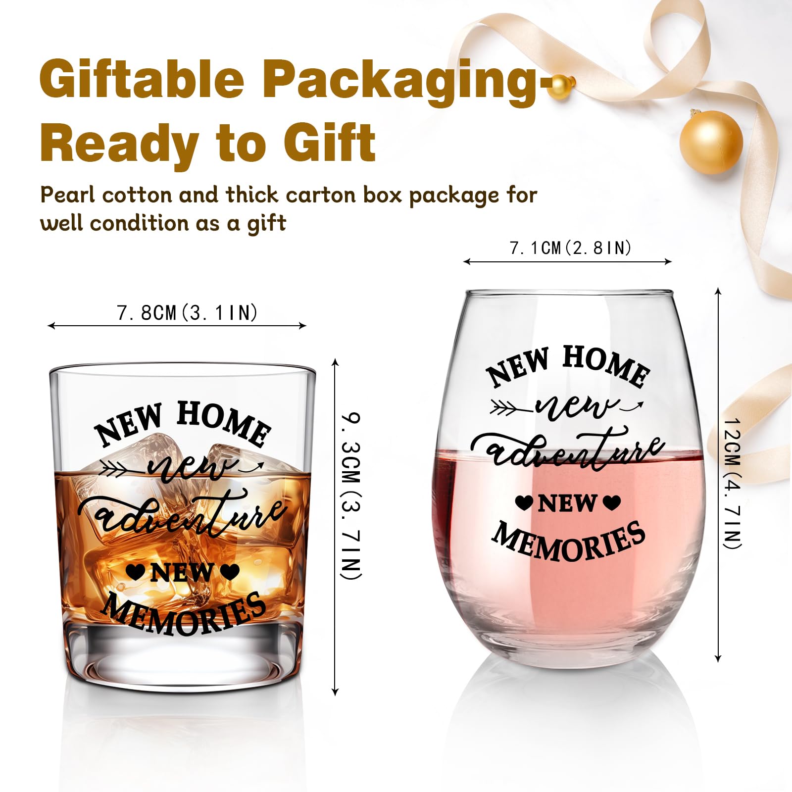 ONEHAUS New Home New Adventures Wine and Whiskey Glass Gift Set - Unique Housewarming Gift for New Homeowners - New Home Gift Ideas for Women and Men