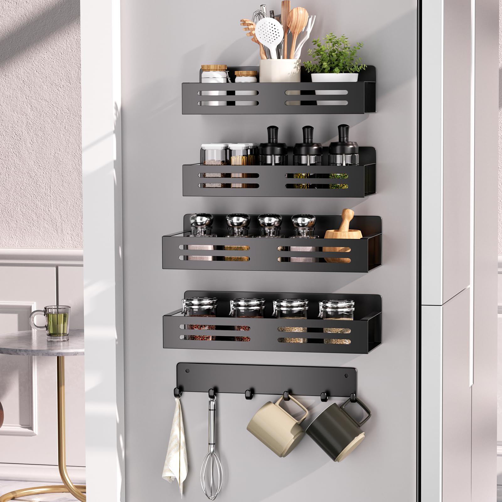 Yuchenfeng Fridge Side Organizers Magnetic Spice Racks for Refrigerator with 6-Hooks Spice shelves with Magnets for Refrigerator Side Fridge Side shelf Metal