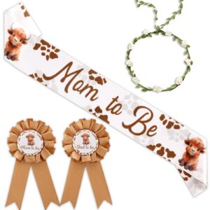 serencatcher highland cow mom to be sash, highland cow baby shower favors include brown mom dad to be pin sash flower crown headband for western cowgirl cowboy gender reveals party pregnancy props