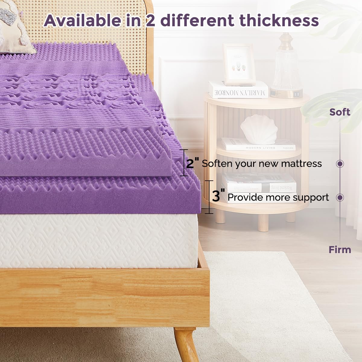 IULULU Mattress Topper, 2 Inch Full Size 5-Zone Gel Memory Foam Egg Crate Bed Topper, Targeted Support, Pressure Relief, CertiPUR-US Certified, Lavender