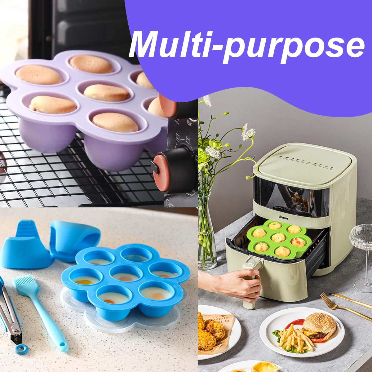 3 Pack Silicone Egg Bite Mold for Air Fryer Silicone Egg Molds -Alternative to Sous Vide Egg Bite Maker for Cooking Air Fryer Accessories