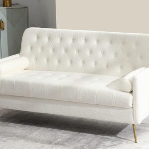 Guyou 60'' Loveseat Sofa Couch, White Sherpa Upholstered 2-Seat Love Sofa Chair with Arms for Living Room Tufted Small Couch Sofa with Removable Cushion and Gold Legs