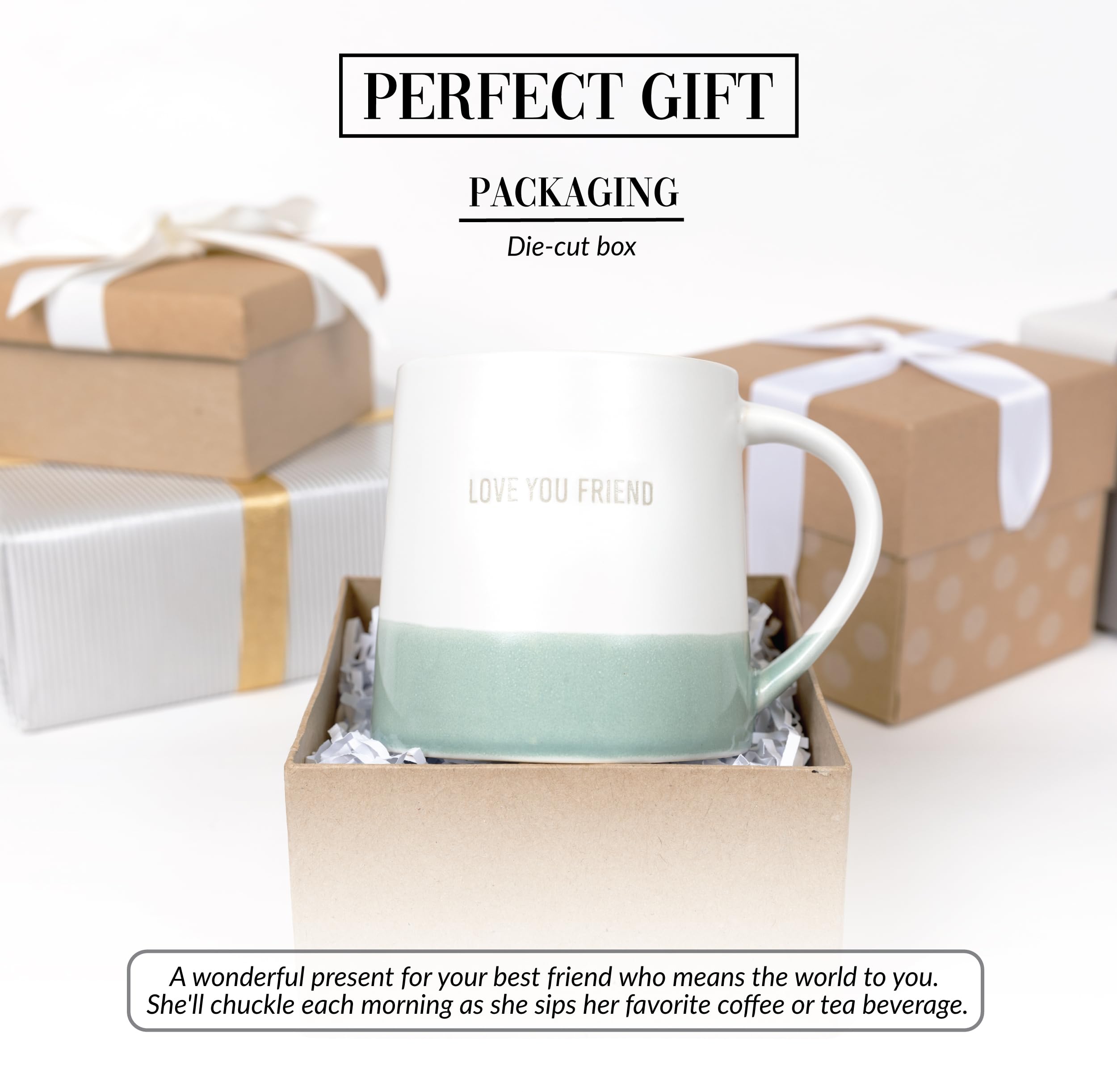 Pavilion Gift Company - Love You Friend - 17 oz Organic Shaped Teal Dipped Stamped Letter Novelty Coffee Mug Tea Cup Best Friend Bestie BFF Gift Neutral Home Modern Friendship Present