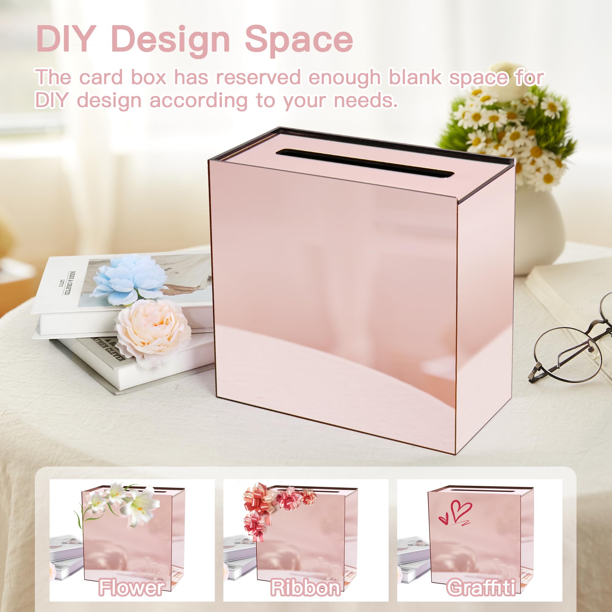 lesolar Acrylic Card Box 10’’ Rose Gold Wedding Card Box DIY Card Box for Wedding Birthday Party Graduation Reception Wishing 10x10x5 in