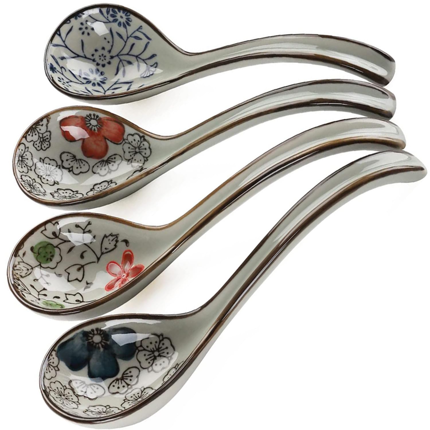 Set of 4 Soup Spoons, Japanese Soup Spoon Chinese Ceramic Ramen Spoons, Asian Soup Spoon Long Handle Perfect Size for Dumpling Pho Noodles Miso Dishwasher Safe (Style C)