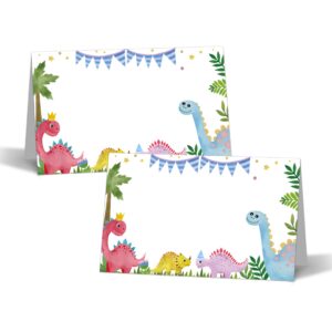 zmyollo dinosaur table place cards - 25pcs tent cards - tropical dino themed food lables - name place cards for table setting - name cards for birthday party baby shower - scored for easy folding -09