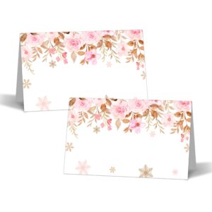 zmyollo blush pink floral table place cards - 25pcs tent cards - 2.1” x 3.5“ food lables - name place cards for table setting - name cards for birthday party baby shower - scored for easy folding -14