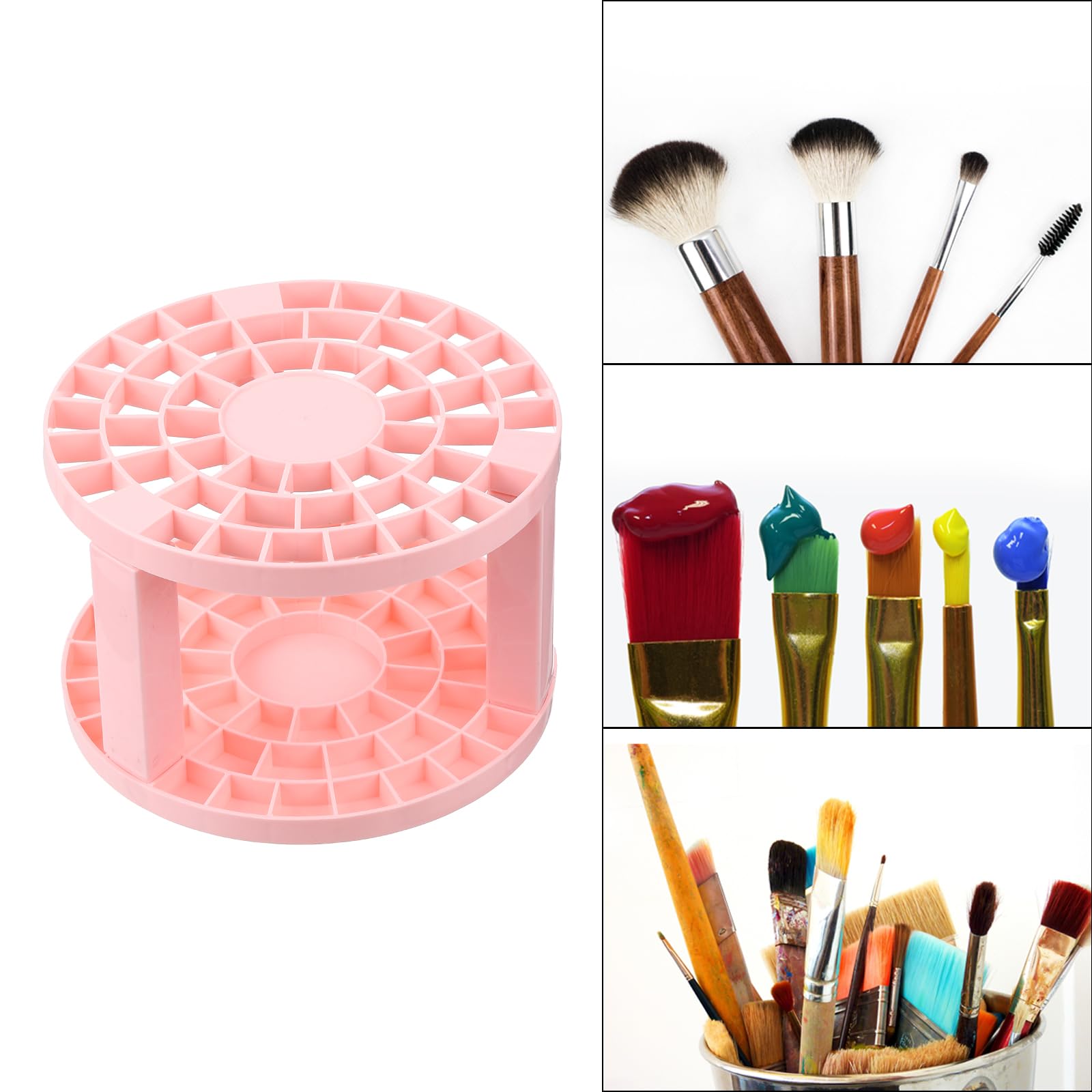 PATIKIL 1pcs Paint Brush Holder, Paint Brush Storage Organizer 49 Holes Plastic Paint Storage Desk Stand Round for Artist Desk Makeup Pencil, Pink