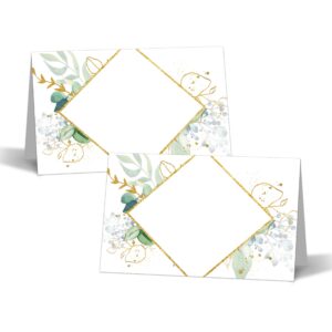 gold foil greenery table place cards - 25pcs tent cards - 2.1” x 3.5“ food lables - name place cards for table setting - name cards for birthday party baby shower - scored for easy folding -16