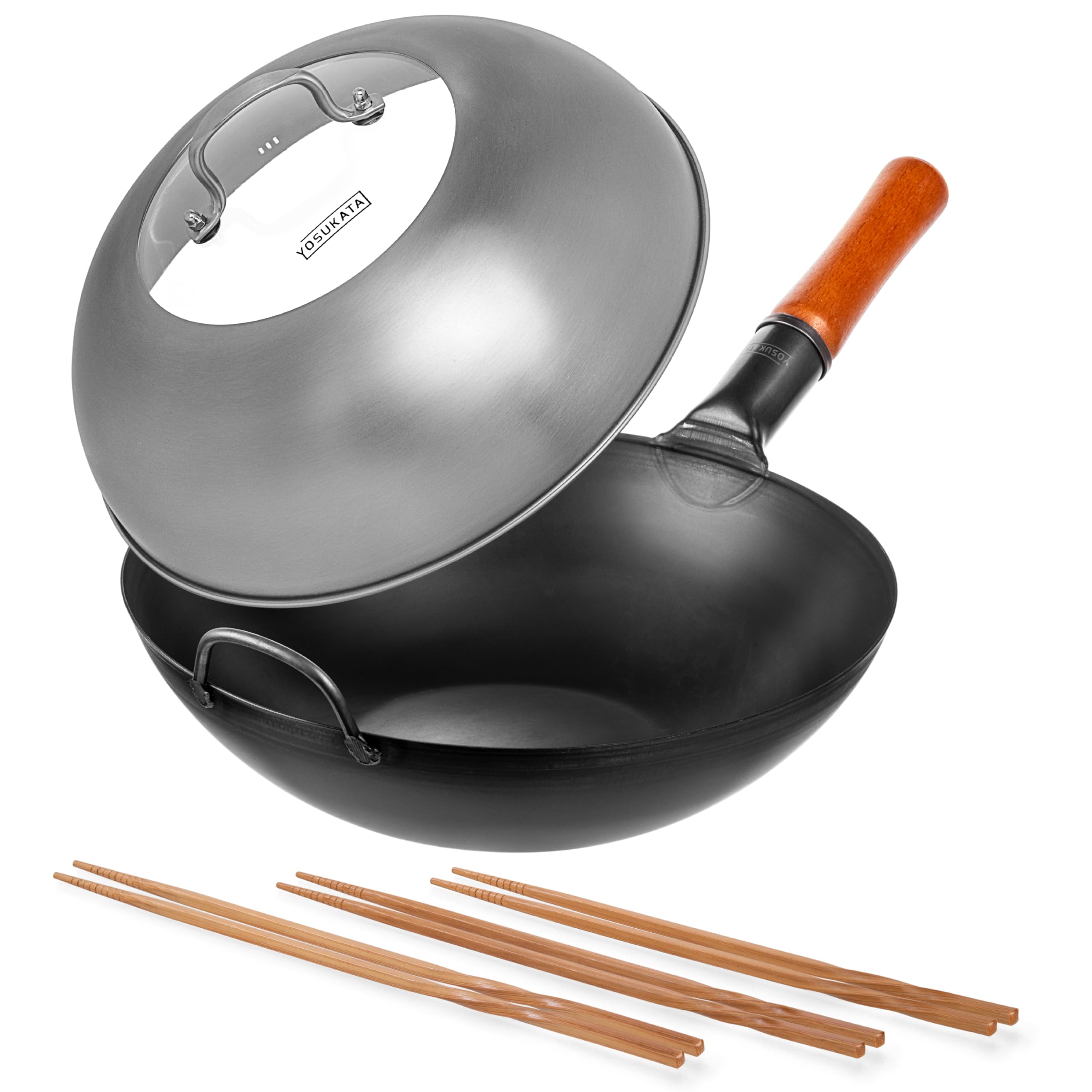 YOSUKATA Carbon Steel Wok Pan – 13,5 “ Stir Fry Pans - Chinese Wok with Flat Bottom Pow + Wok Lid 12.8 Inch + Reusable Natural Wooden Long Cooking Chopsticks Set of 3 pairs 11.8 inch, 13-inch, 14.2 in