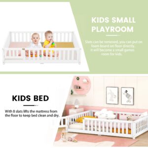 CITYLIGHT Full Size Floor Bed with Rails, Wood Montessori Floor Bed Full with Support Slats, Kids Full Bed Frame with Door Design for Boys,Girls, White