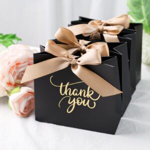 TOXOY 50PCS Black Thank You Gift Bags,4.5x3.9x1.7 Inch Party Favor Bags with Bow Ribbon Small Candy Bags Mini Party Favor Bags for Birthday Wedding Party Bridal Shower