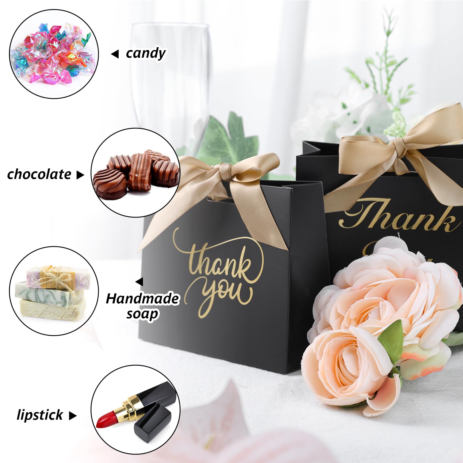 TOXOY 50PCS Black Thank You Gift Bags,4.5x3.9x1.7 Inch Party Favor Bags with Bow Ribbon Small Candy Bags Mini Party Favor Bags for Birthday Wedding Party Bridal Shower