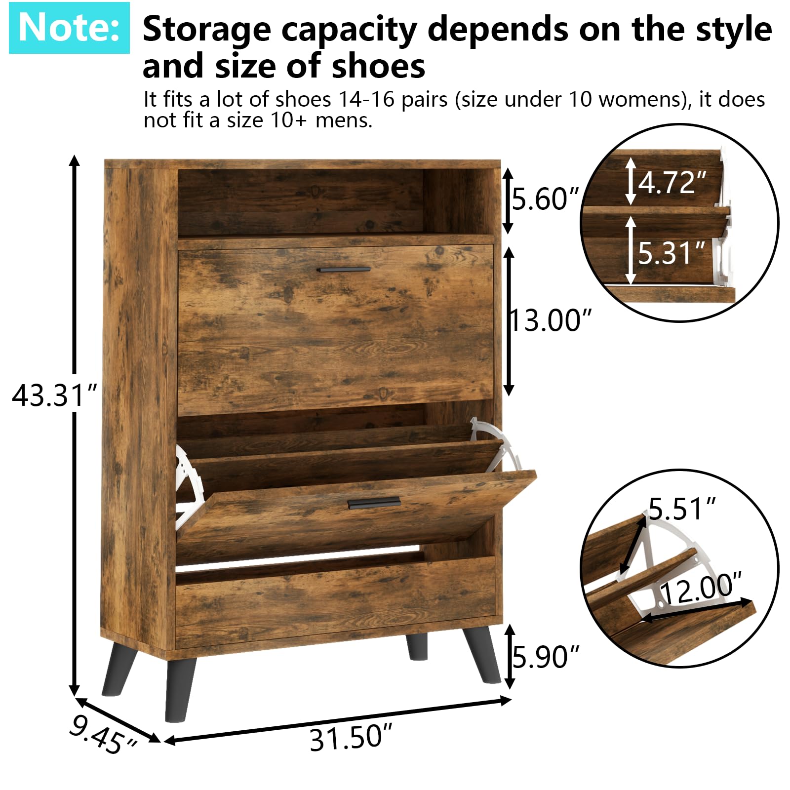 Gyfimoie Shoe Storage Cabinets, 16 Pairs Free Standing Shoe Organizer with 2 Flip Drawers for Entryway, Narrow 3 Tier Entryway Hidden Shoe Rack with Doors (Rustic)