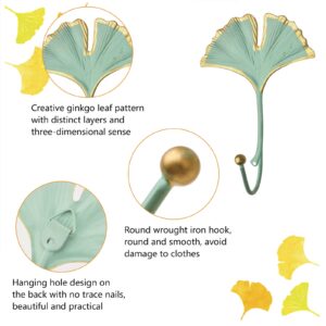 MOROBOR Decorative Leaves Iron Hooks, 4pcs Ginkgo Leaf Shape Wall Mounted Hooks Modern Key Holder Wall Mounted Green Single Prong Hat Hanger for Hallways Living Room Home Office Decoration/14cm