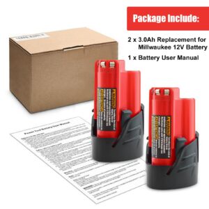 2 Pack 12V 3000mAh Lithium-ion Replacement Battery Compatible with Milwaukee 12 Volt Battery 48-11-2411 48-11-2420 48-11-2401 48-11-2402 48-11-2401 12-Volt Cordless Tools (Red)