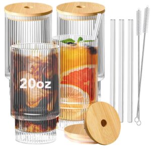 greefun ribbed glassware set of 4, 20oz origami style drinking glass cup with lid and straw, iced coffee, cocktail, beer, juice stackable drinking glasses, perfect for indoor and outdoor use