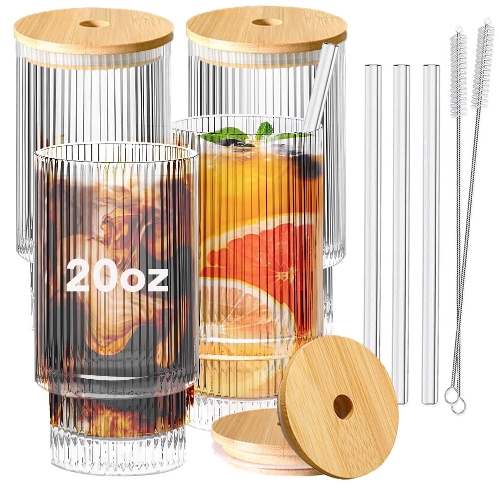 Greefun Ribbed Glassware Set of 4, 20oz Origami Style Drinking Glass Cup with Lid and Straw, Iced Coffee, Cocktail, Beer, Juice Stackable Drinking Glasses, Perfect for indoor and outdoor use